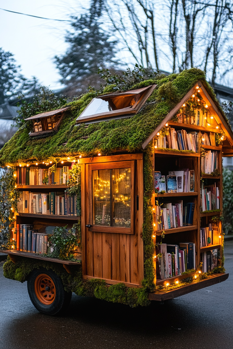 Wide-angle view. Storybook-inspired mobile library with moss-covered wooden facade and dainty fairy lights.