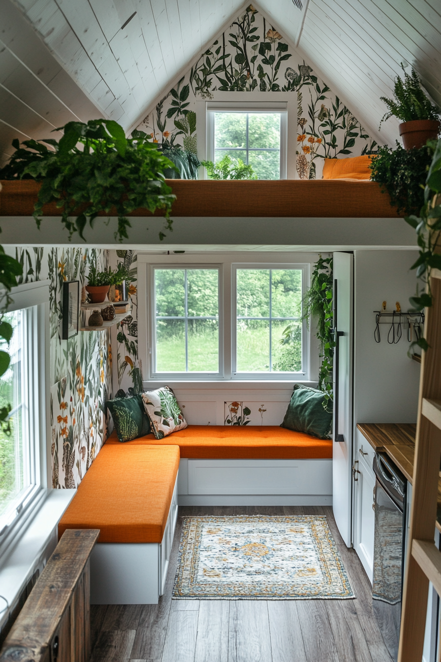 Wide angle of tiny house. Ferns near greenhouse windows, botanical wallpaper, and potted ivy.