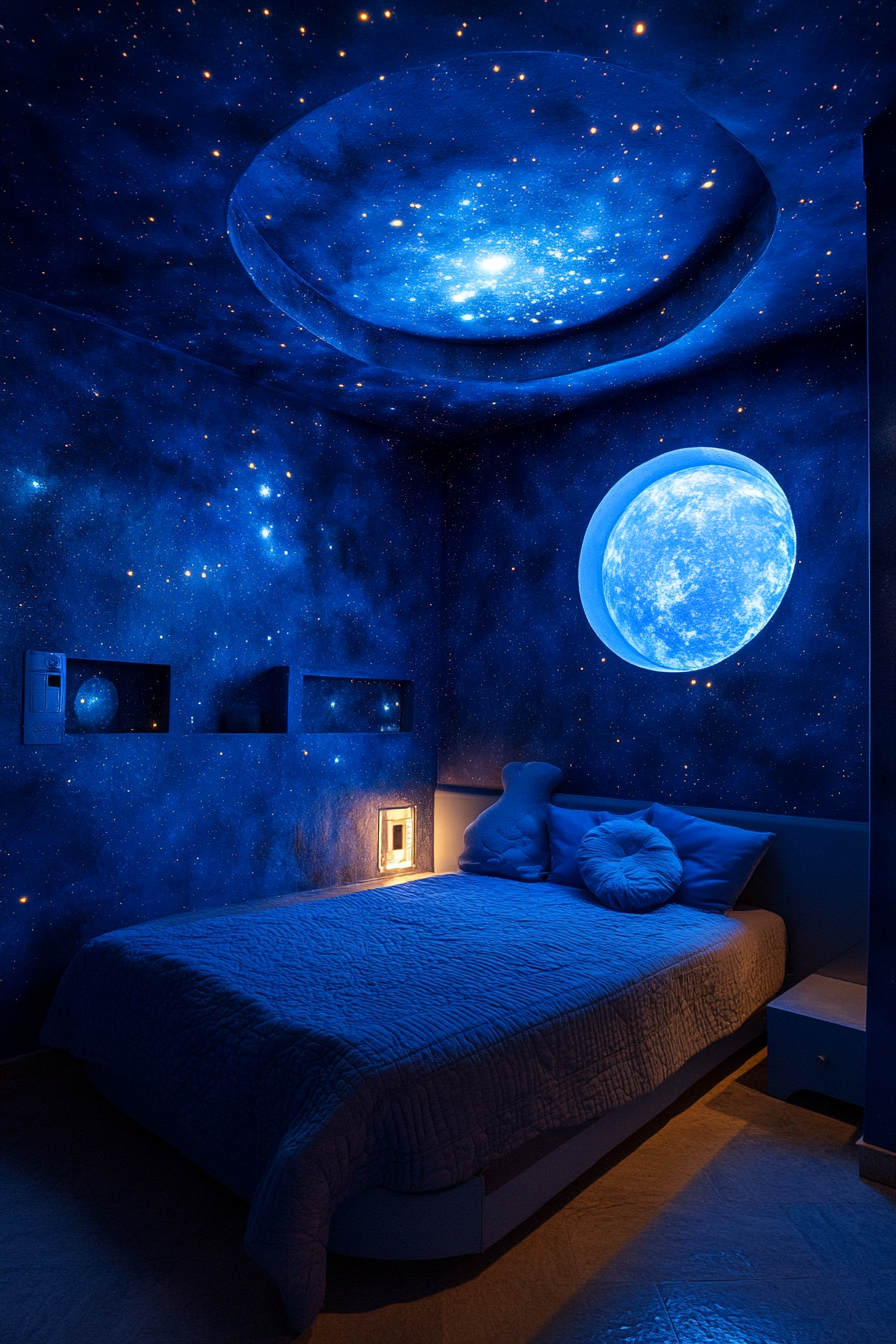 Wide-angle view of a space-themed bedroom, with nebulosity blue walls and star projector.