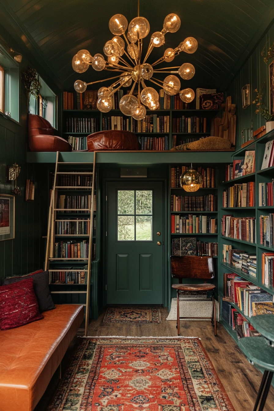 Wide angle view. Dark academia tiny house library. Brass atomic chandelier over vintage books.