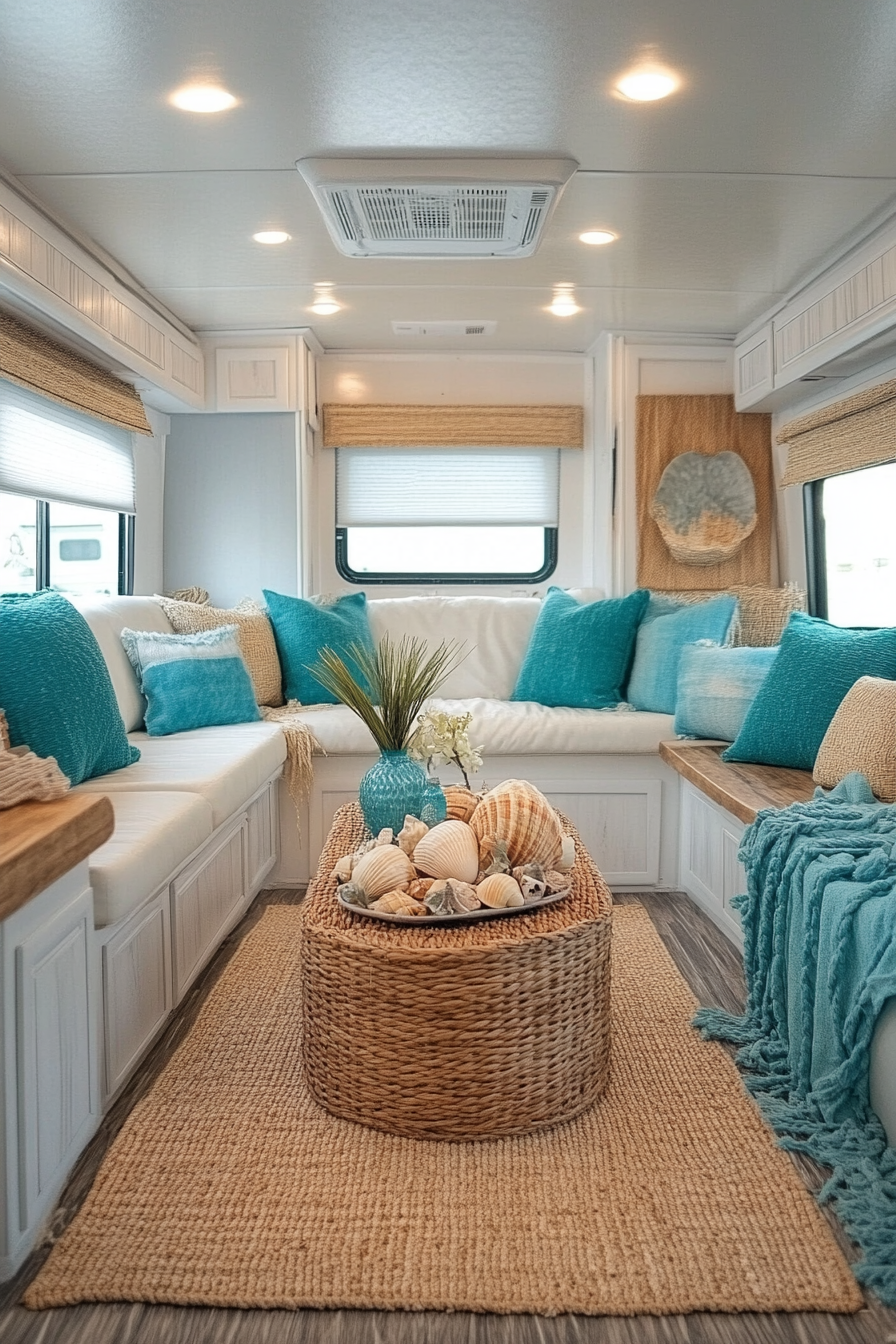 Wide angle view. Coastal RV design featuring turquoise accents, sea shell arrangement, and sisal rug.