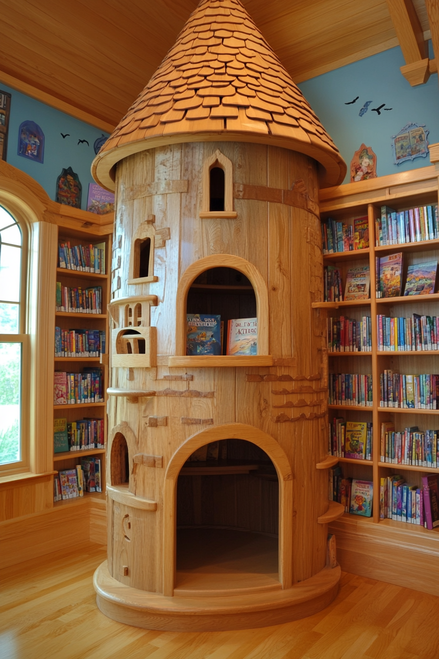 Wide angle mobile library view. Turreted tower with hidden nooks filled with storybooks.