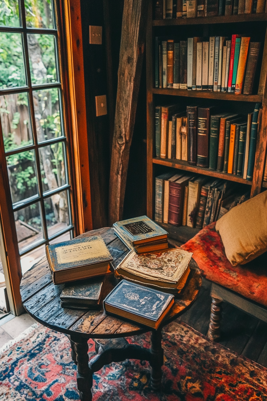 Wide angle dark academia tiny house library. Antique table with weathered vintage books.