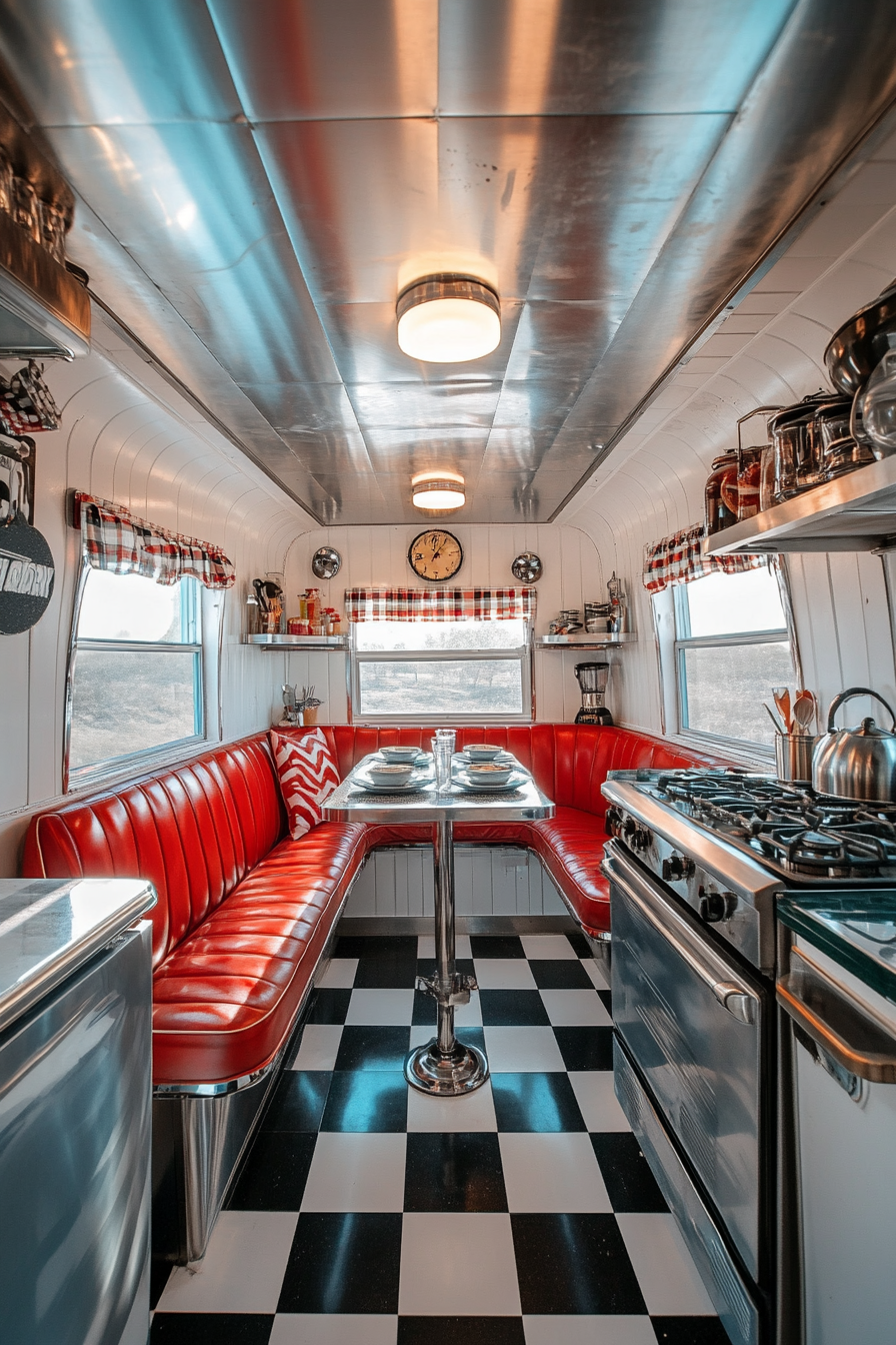 Wide angle Americana tiny house kitchen. Chrome hardware, checkerboard floor, booth seating.