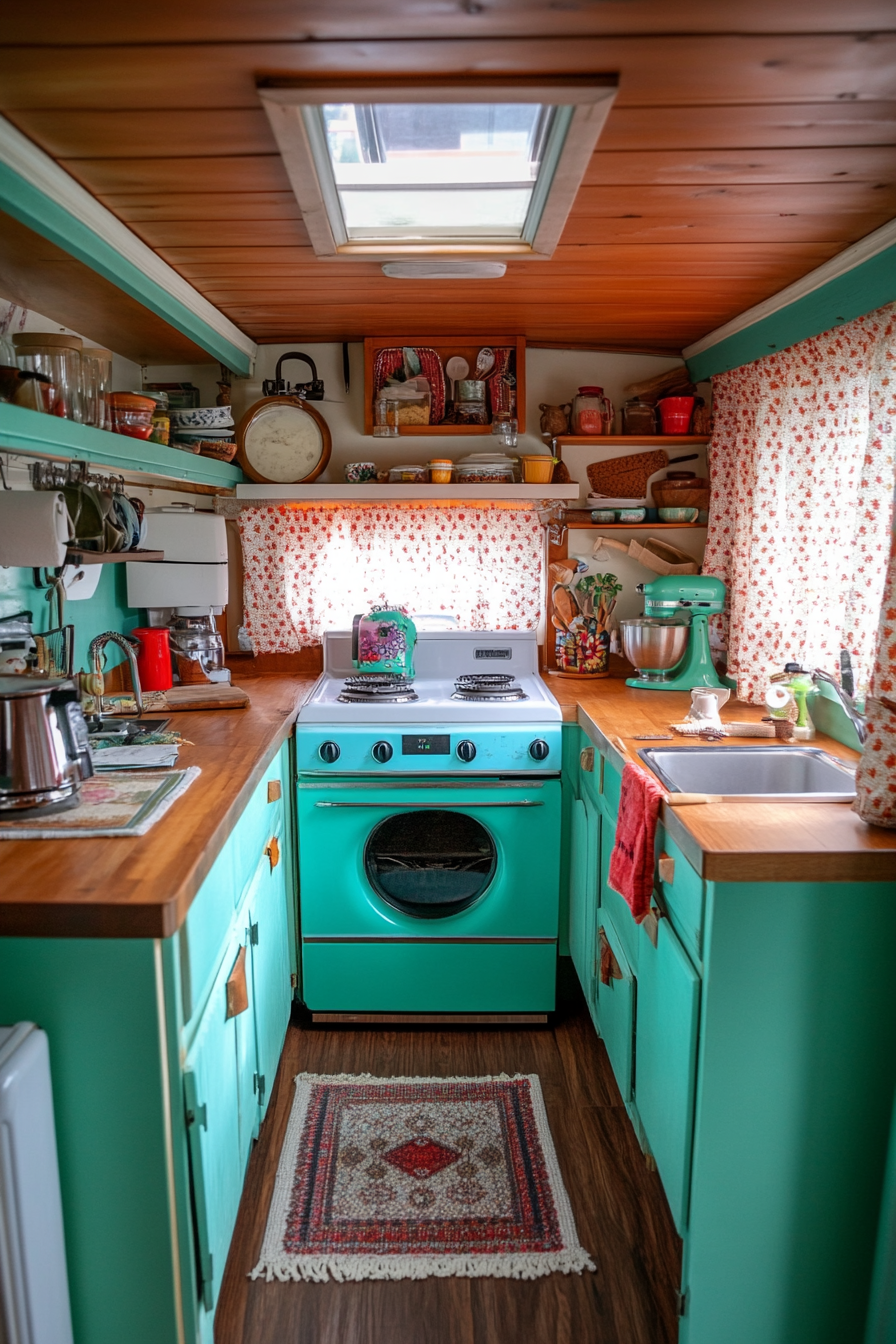 Wide angle view. Tiny house kitchen. Turquoise seventies dishwasher.