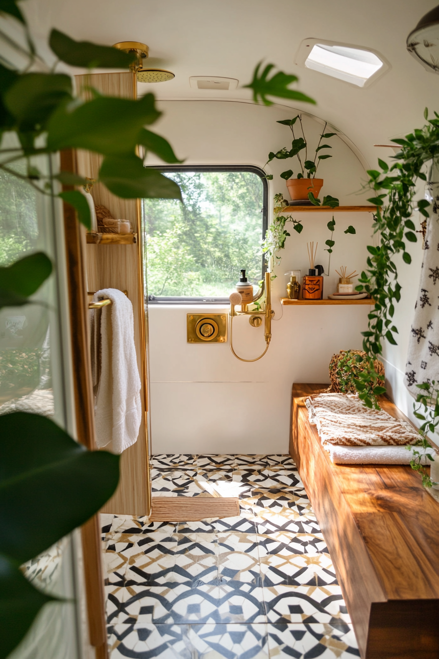 Mid-century camper bathroom. Geometric tile floor with brass faucet shower set.