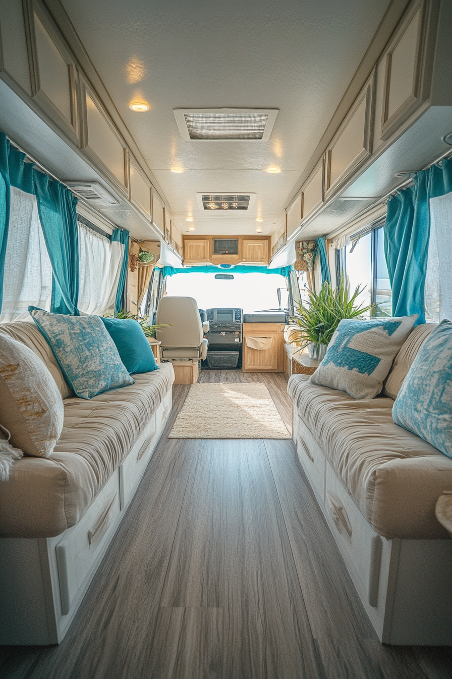 Wide angle view of coastal-inspired RV decorated with sandy beige seat covers and sea-blue curtains.