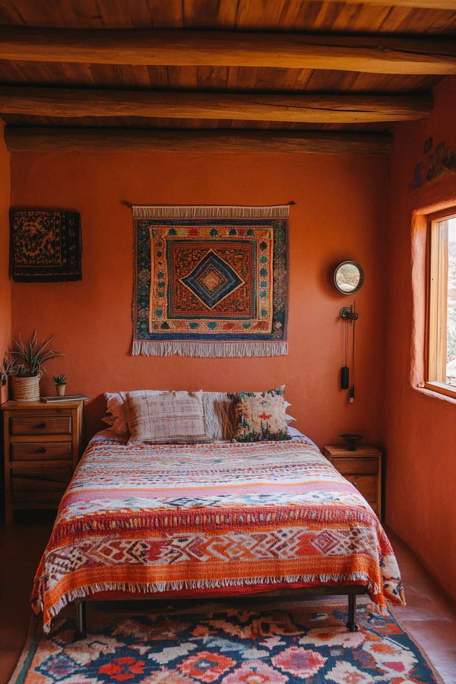 Wide angle view. Southwestern tiny house bedroom, soft terracotta walls, woven tapestry.