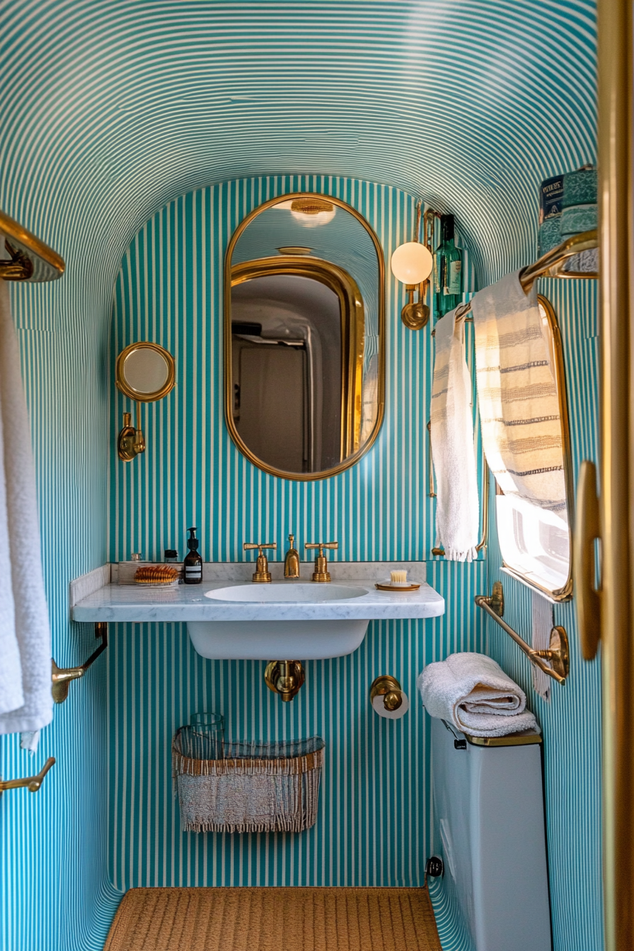 Mid-century camper bathroom. Striped turquoise wallpaper, oval brass mirror, brass shower fixtures.