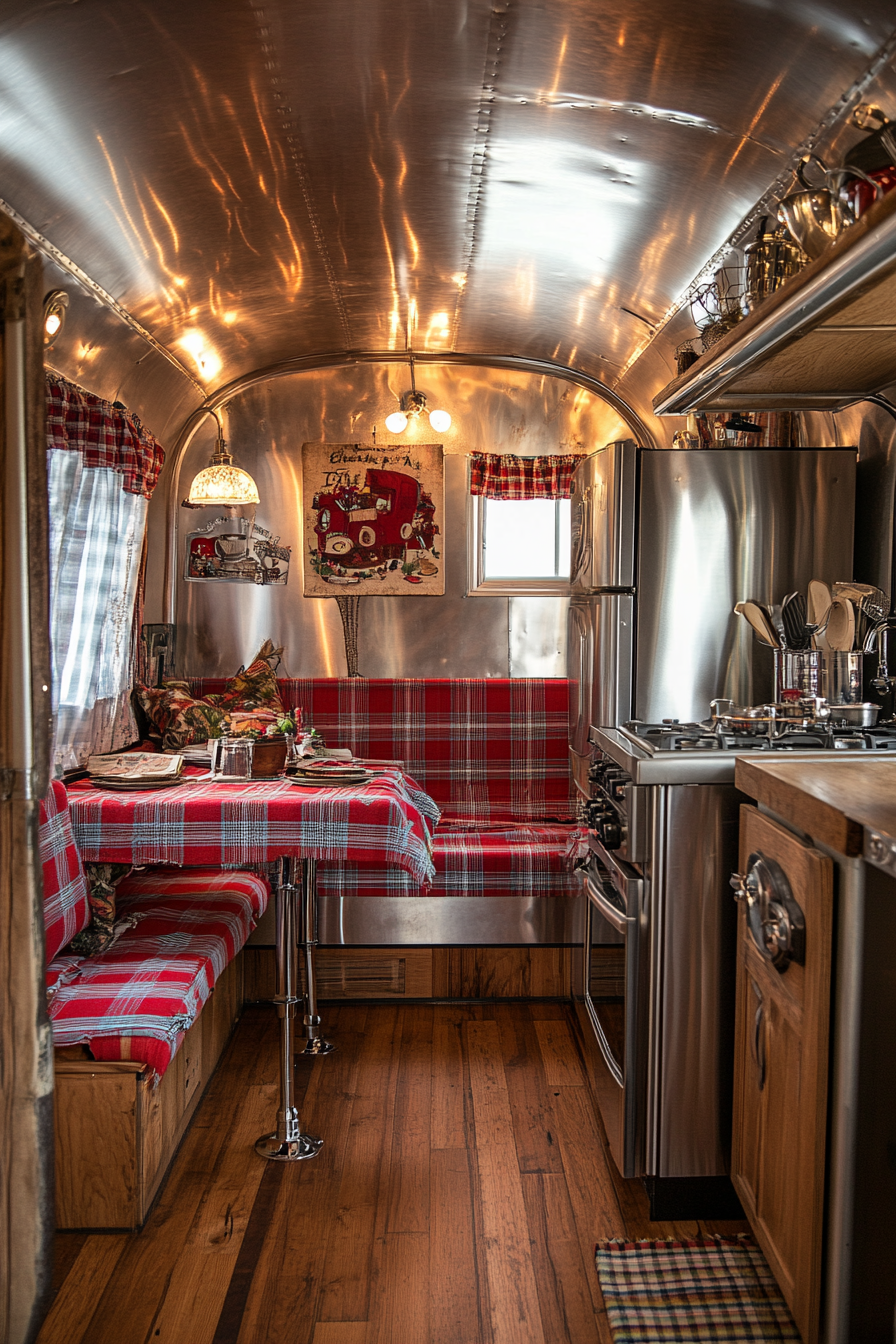 Americana tiny house kitchen. Chrome-finished appliances with booth seating and plaid tablecloth.