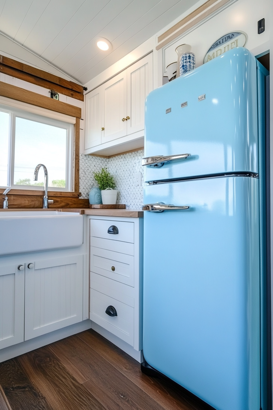 Tiny house kitchen. Pastel blue fridge nestled among slick white panel cabinets with retro knobs.