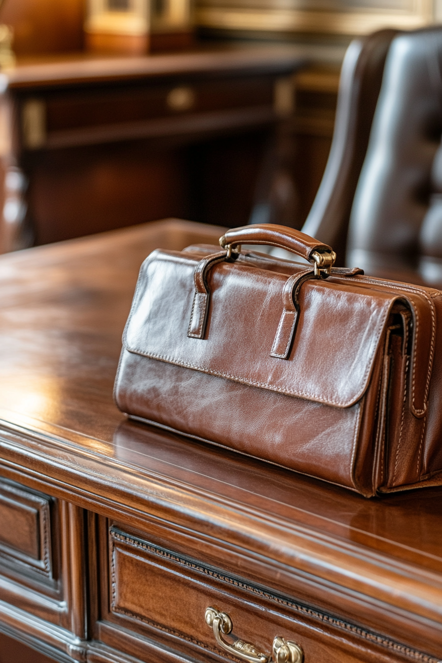 Upscale mobile workspace. Brown leather briefcase on a walnut executive desk.