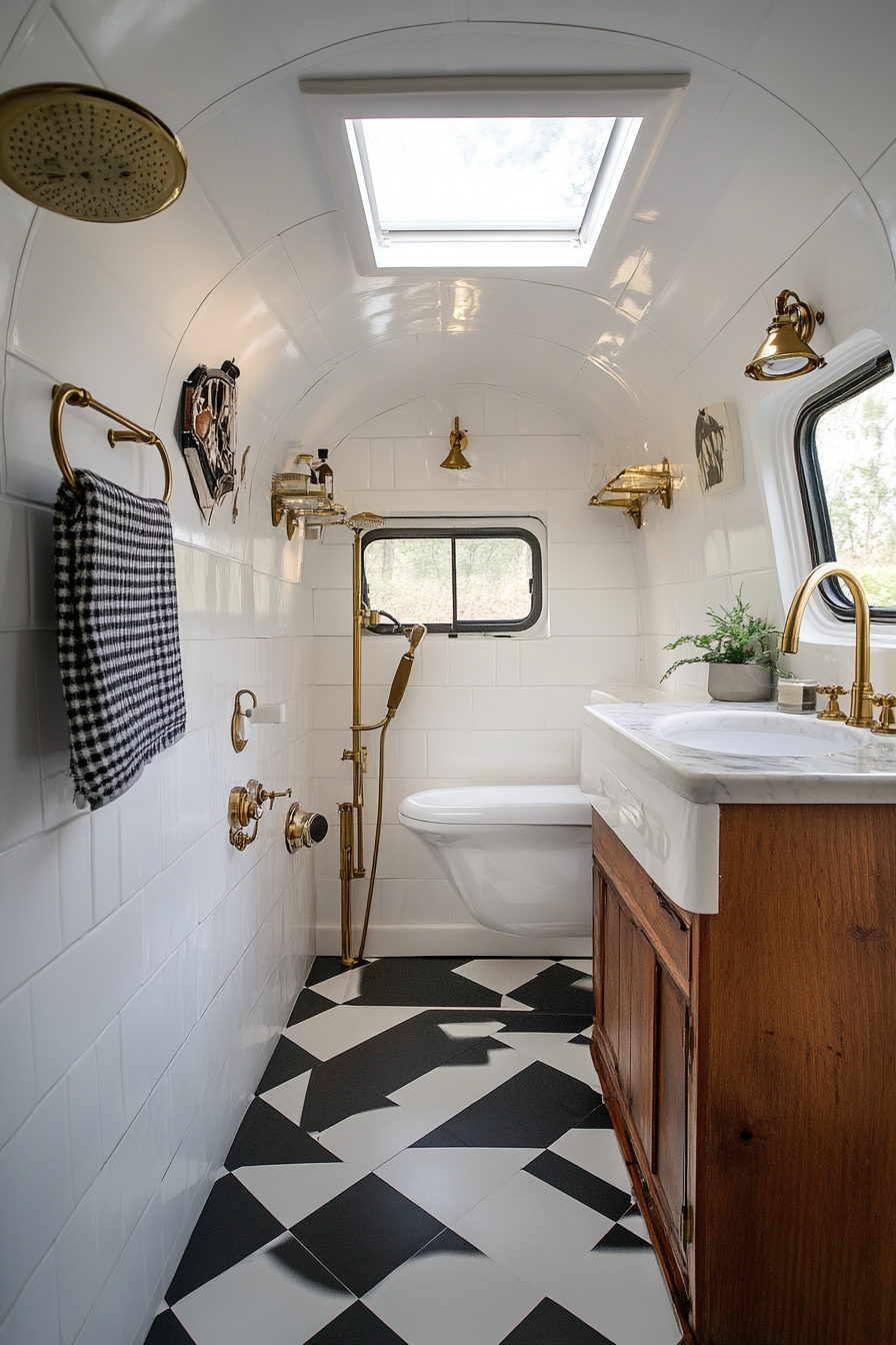 Wide angle view. Camper bathroom with checkered floor and brass tap.