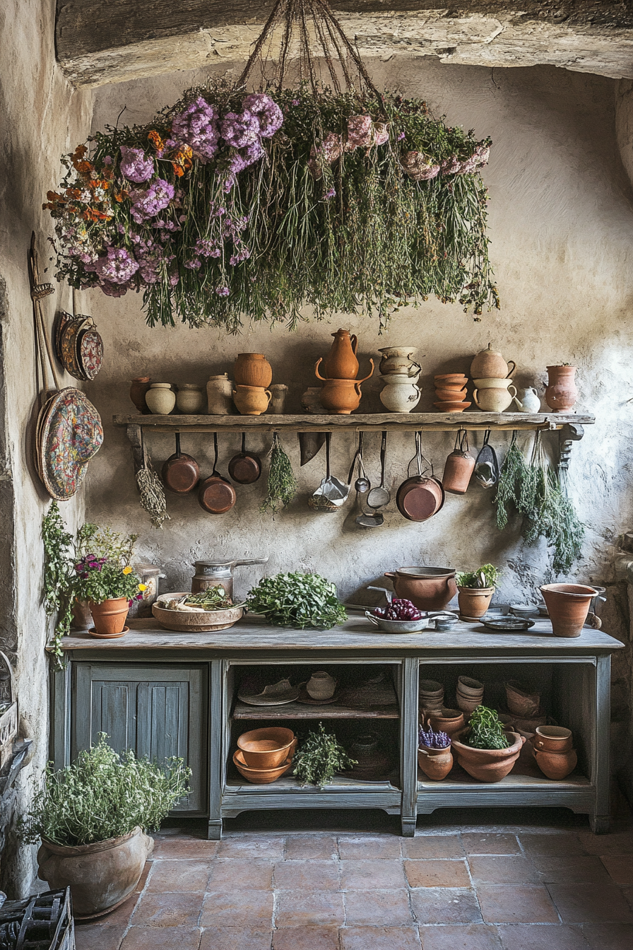 Wide angle view. Provincial kitchen, herbs drying, intricate pottery arrangement.