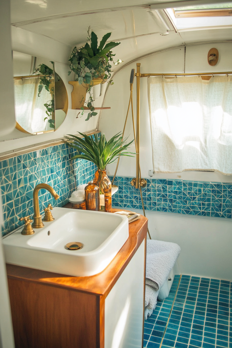 Mid-century camper bathroom. Shaded-blue geometric patterned tiles with brass sink and faucets.