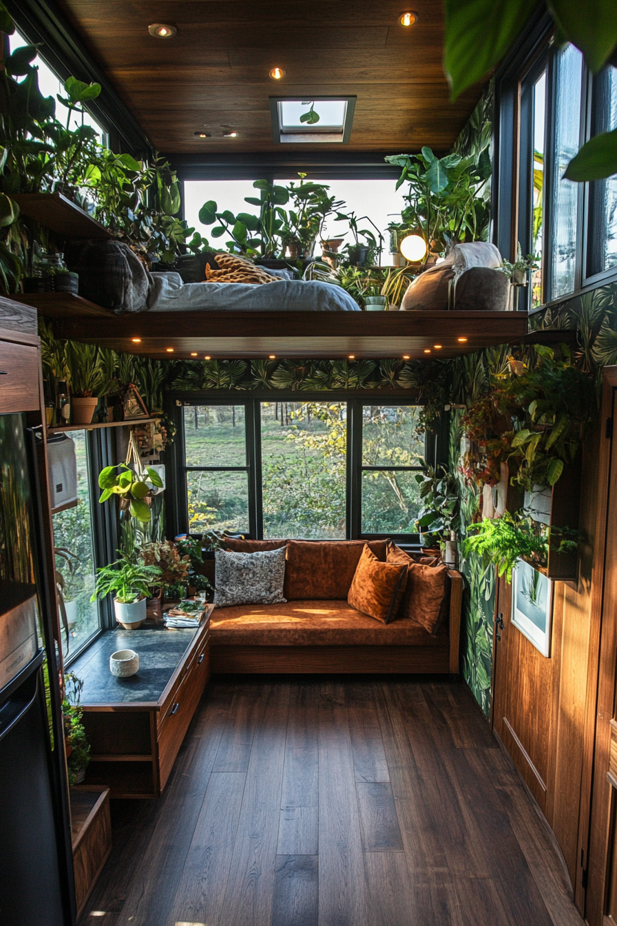 Wide angle view. Tiny house, walnut finish, storm-green botanical leaves wallpaper, plants, greenhouse windows.