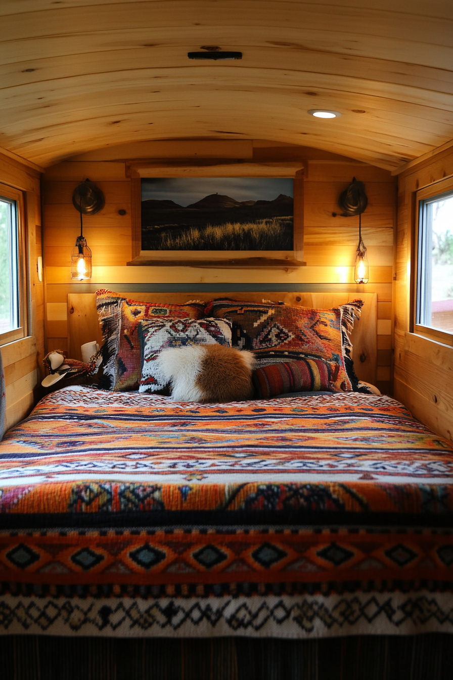 Wide angle southwestern tiny house bedroom. Warm earth tone beddings with repeating pattern, woven wall art.