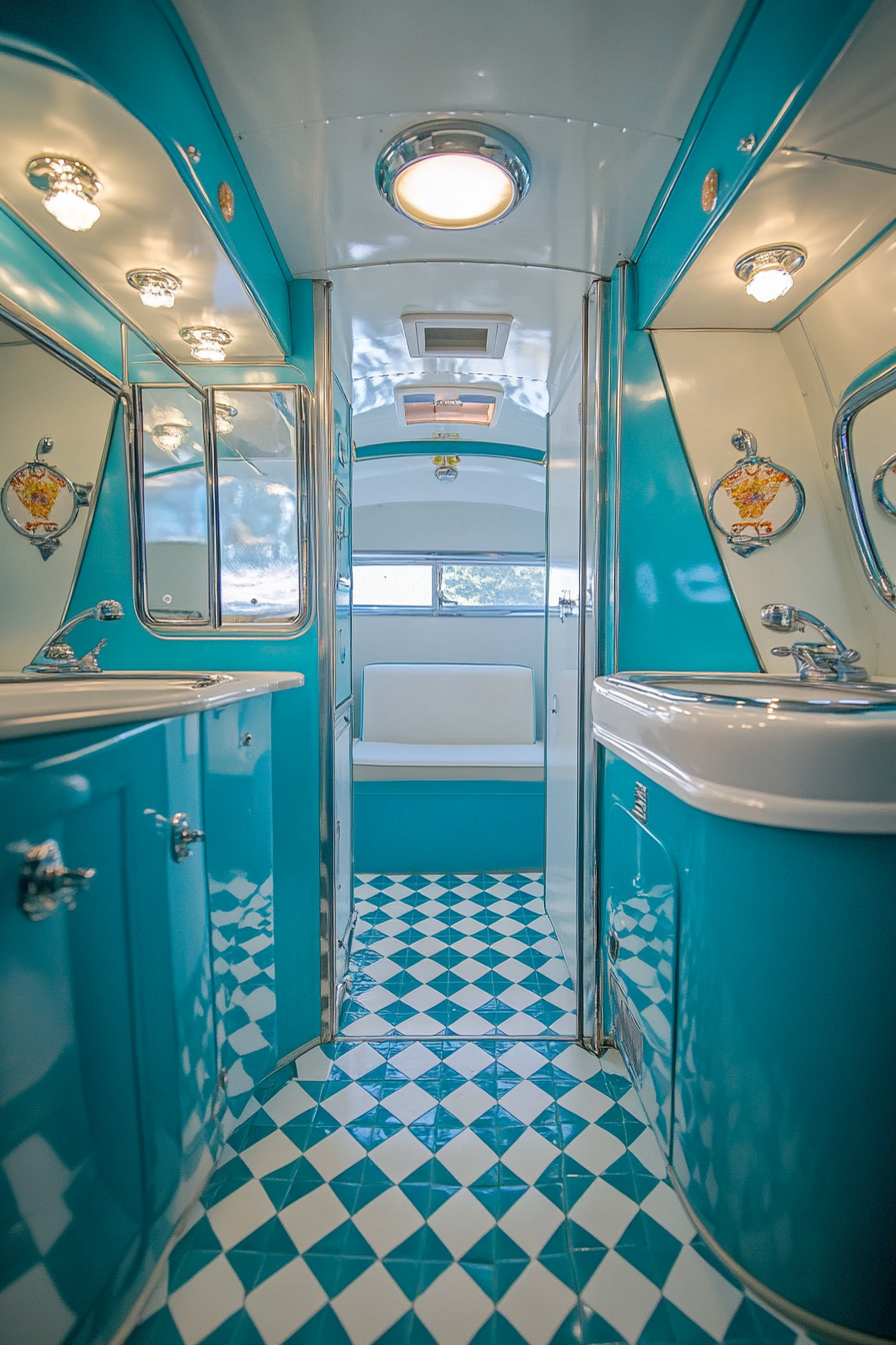 Wide-angle view. 1950s RV bathroom. Blue and white vintage tile pattern. Chrome fixtures.