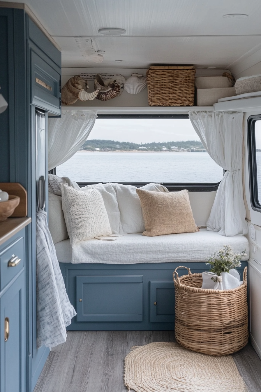 Coastal-inspired RV. Seashell decor, white cotton fabrics, cool-blue cupboards, wicker baskets, panoramic window view.