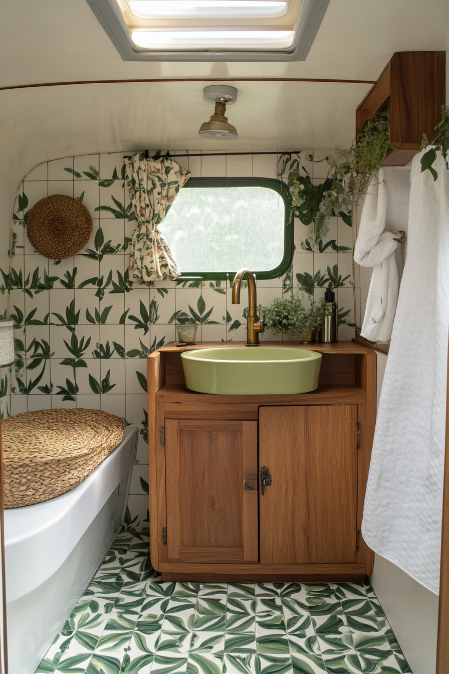 Wide angle view. Mid-century camper bathroom, leaf patterned tiles and brass sink.