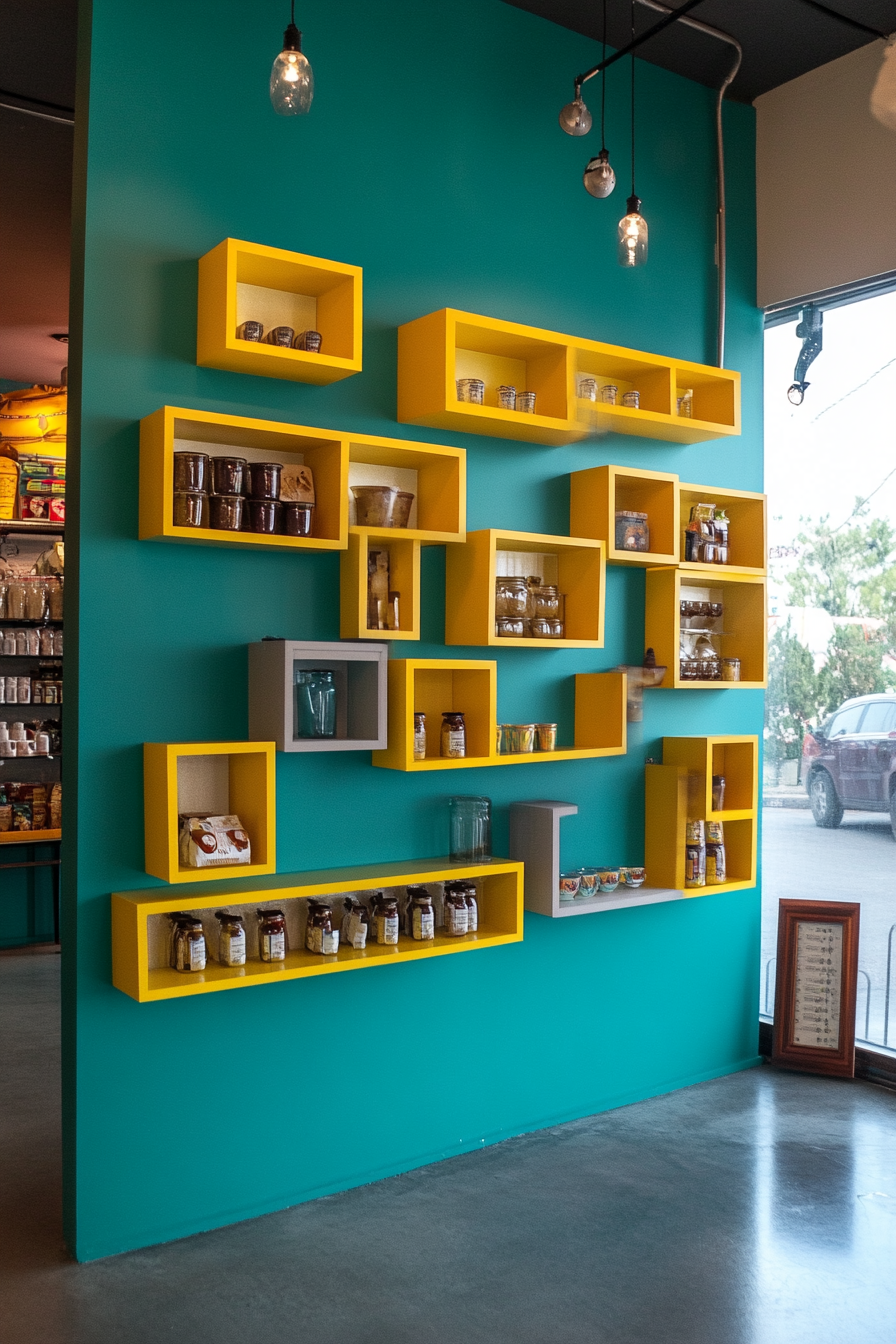 Wide angle mobile studio. Teal shelves with vibrant yellow floating wall display.