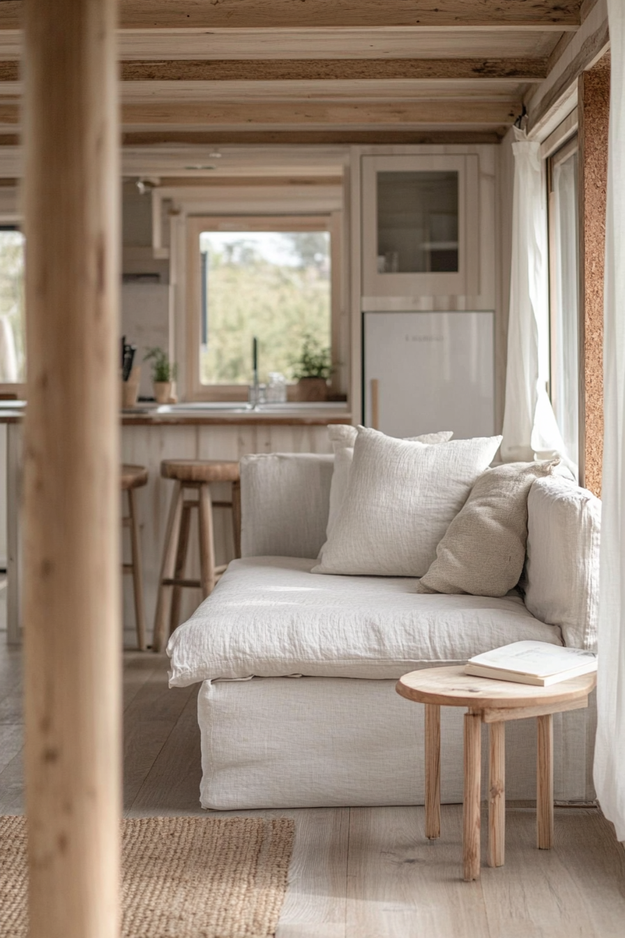 Natural mobile home view. Light wood pillars and organic cotton-covered furniture.