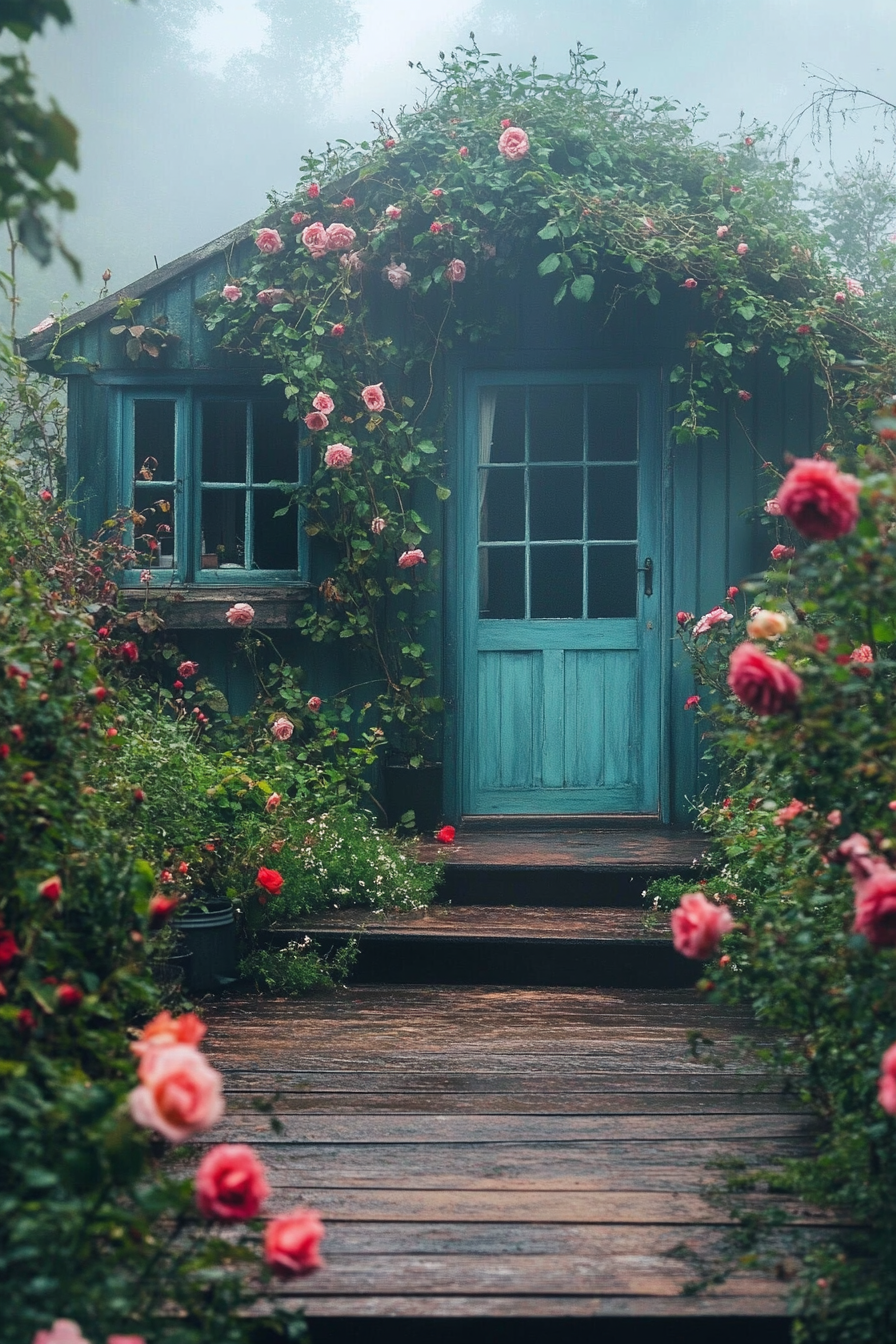 Flower-filled tiny house deck scene. Climbing roses amidst morning fog in English countryside.