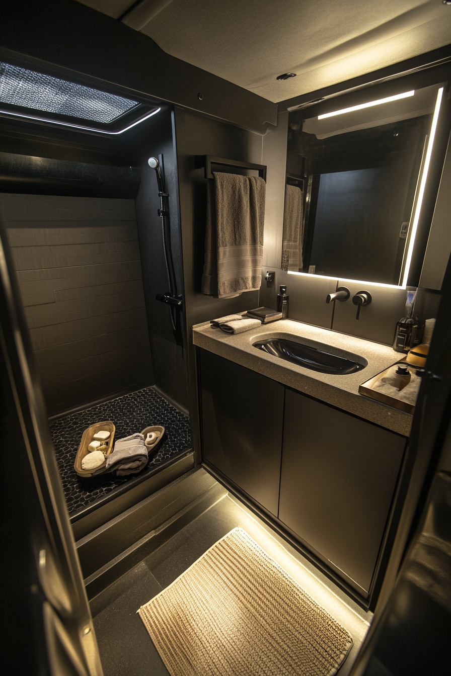 Wide angle camper bathroom. Matte black fixtures, dimly lit.