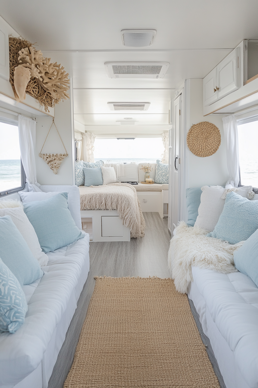 Wide angle view of coastal-themed RV. Seagrass rugs, coral displays, pale blue cushions.