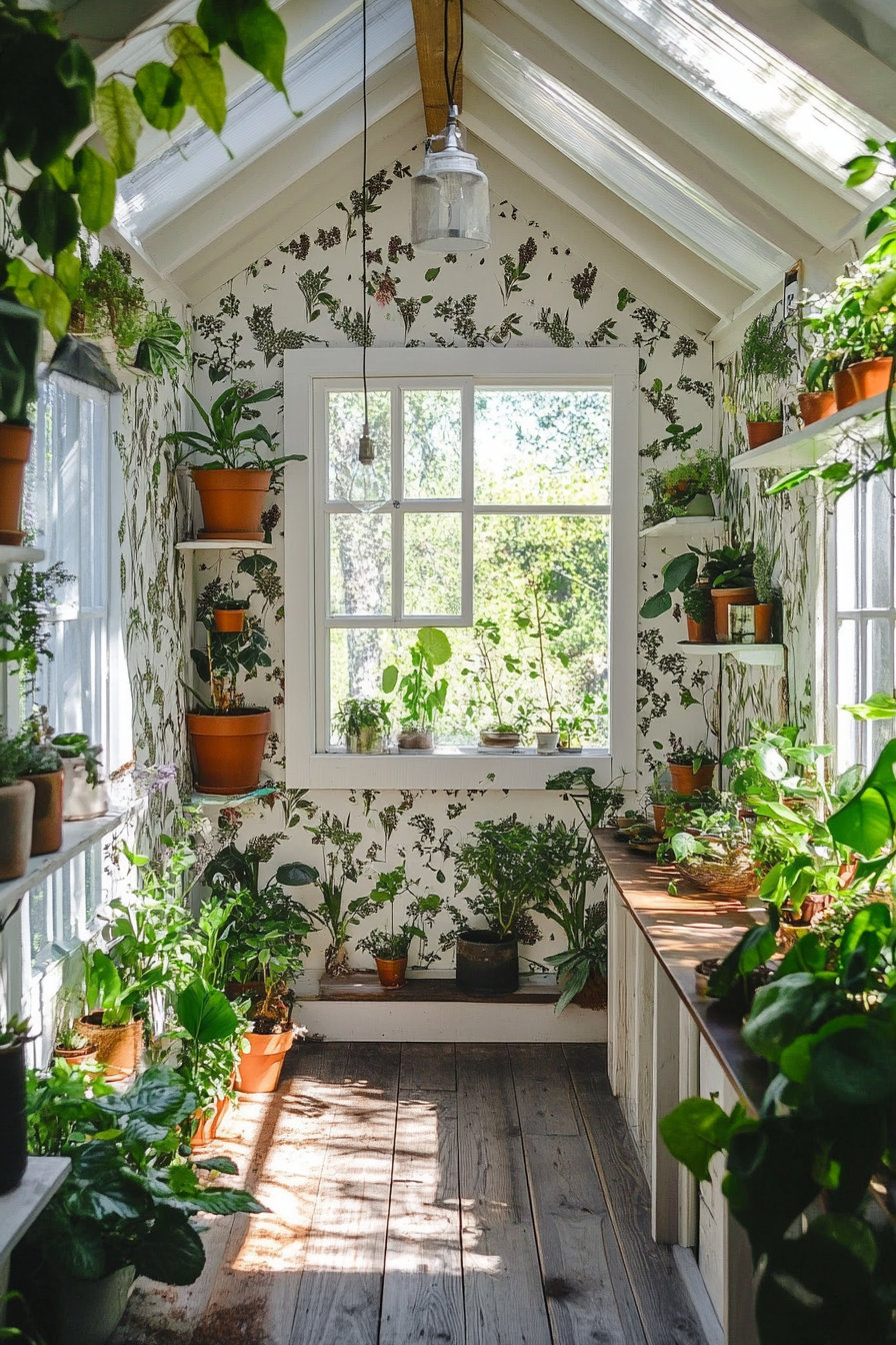 Tiny house. Plant-filled room with botanical wallpaper and greenhouse windows.