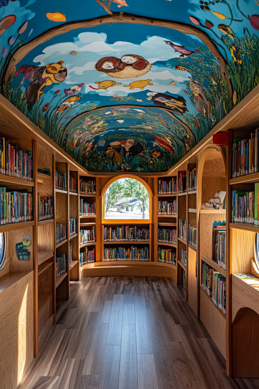 Wide angle view of storybook-inspired mobile library with whimsical murals and oak-wood nooks.