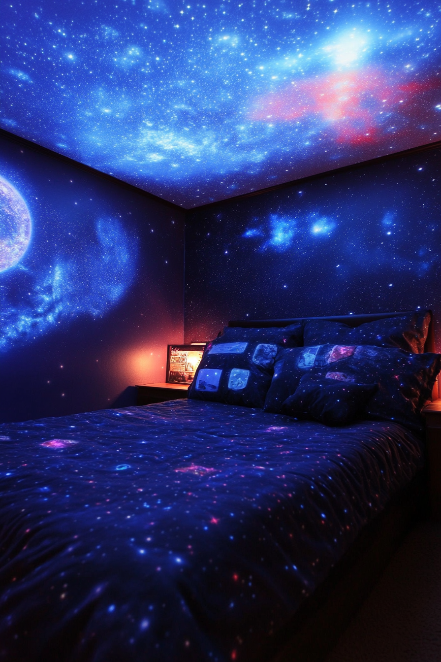 Space-themed sleeping quarters. Wide angle view, star projections on the ceiling, nebula-colored bedspread.