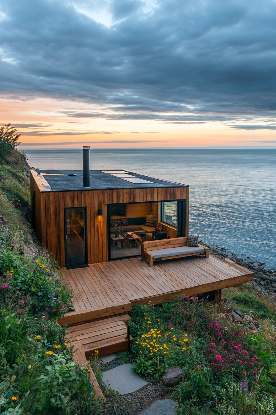 Wide angle view. Tiny home with built-in seating on clifftop, panoramic ocean view.