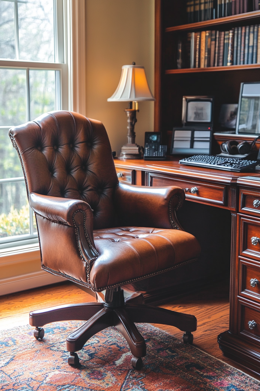 Upscale mobile workspace. Wide-angle view of leather chair and walnut desk by a window.