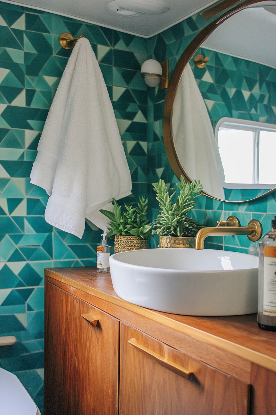 Wide angle view. Mid-century camper bathroom. Teal geometric wallpaper. Brass fixtures.