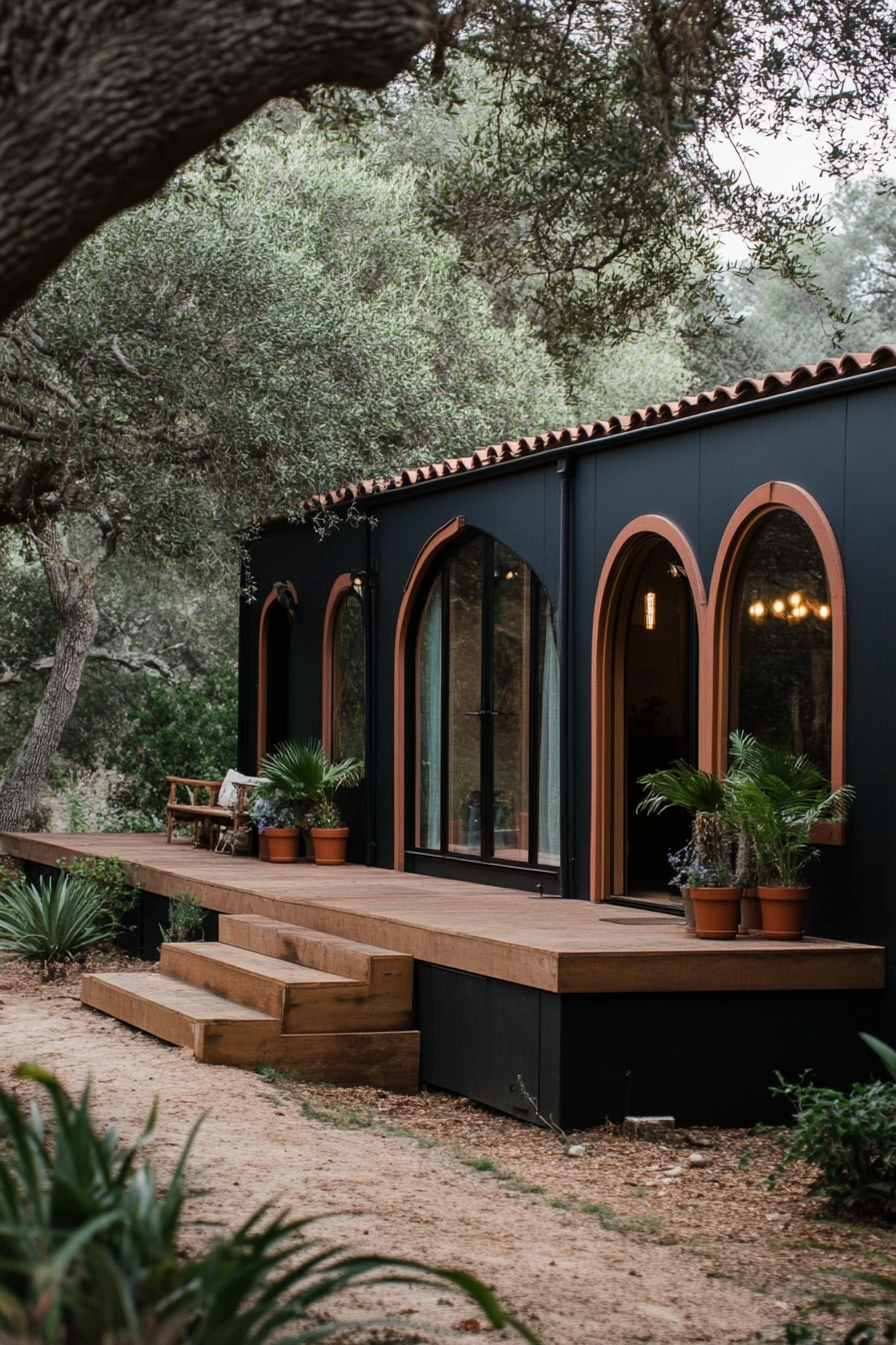 Dark, sophisticated mobile home. Wide angle view. Terra cotta accents. Arched details.