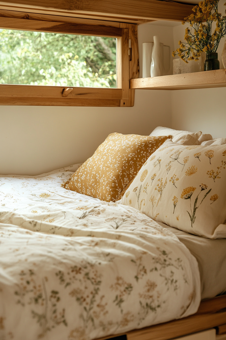 Natural tiny house bedroom. Organic cotton bedding on simple wooden bed frame.