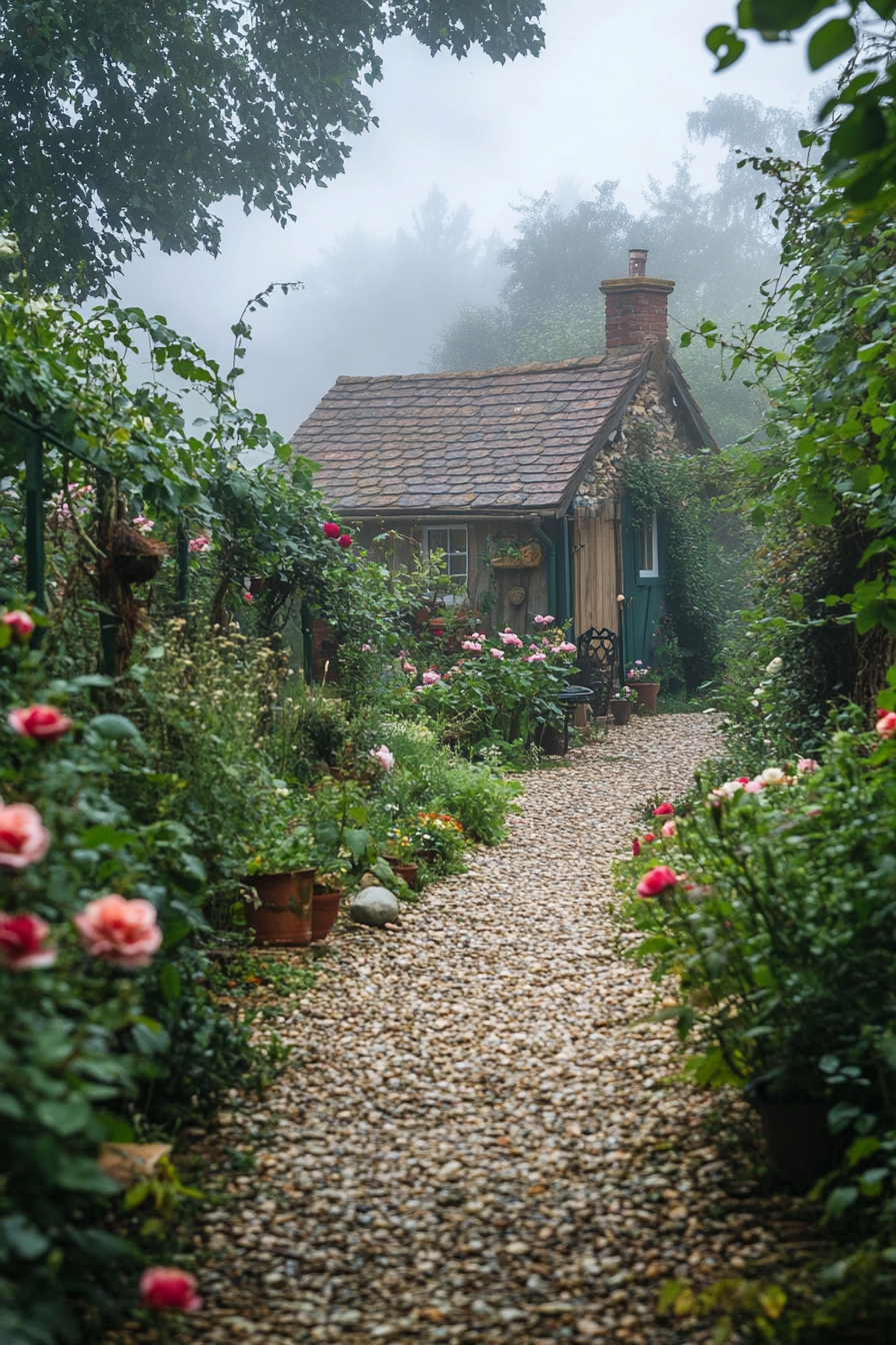 Wide angle view. Pebble pathway towards rose-clad tiny house nestled in foggy English countryside.