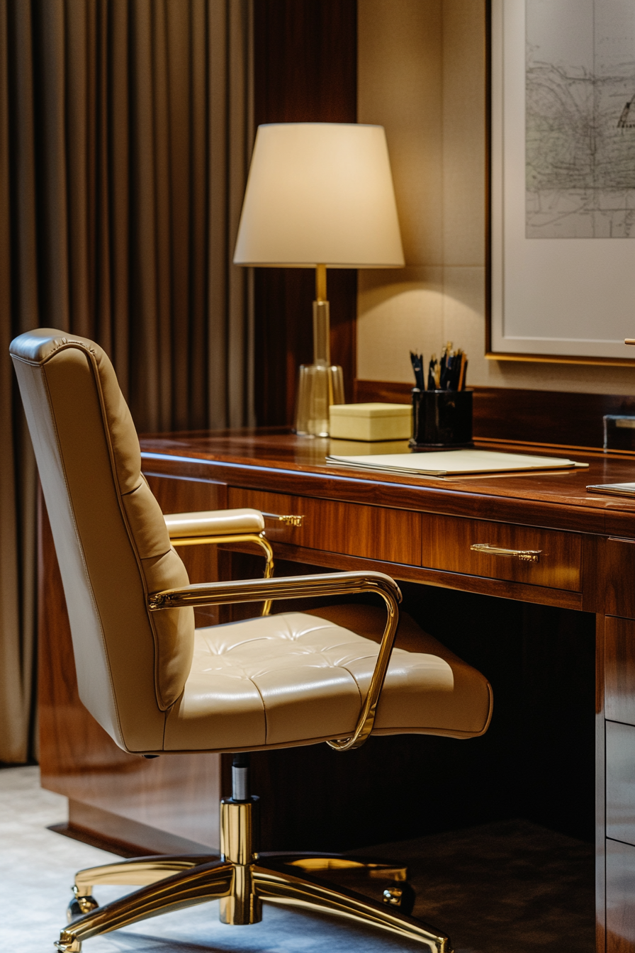 Upscale mobile workspace. Tan leather chair beside a walnut executive desk with gold stationery.