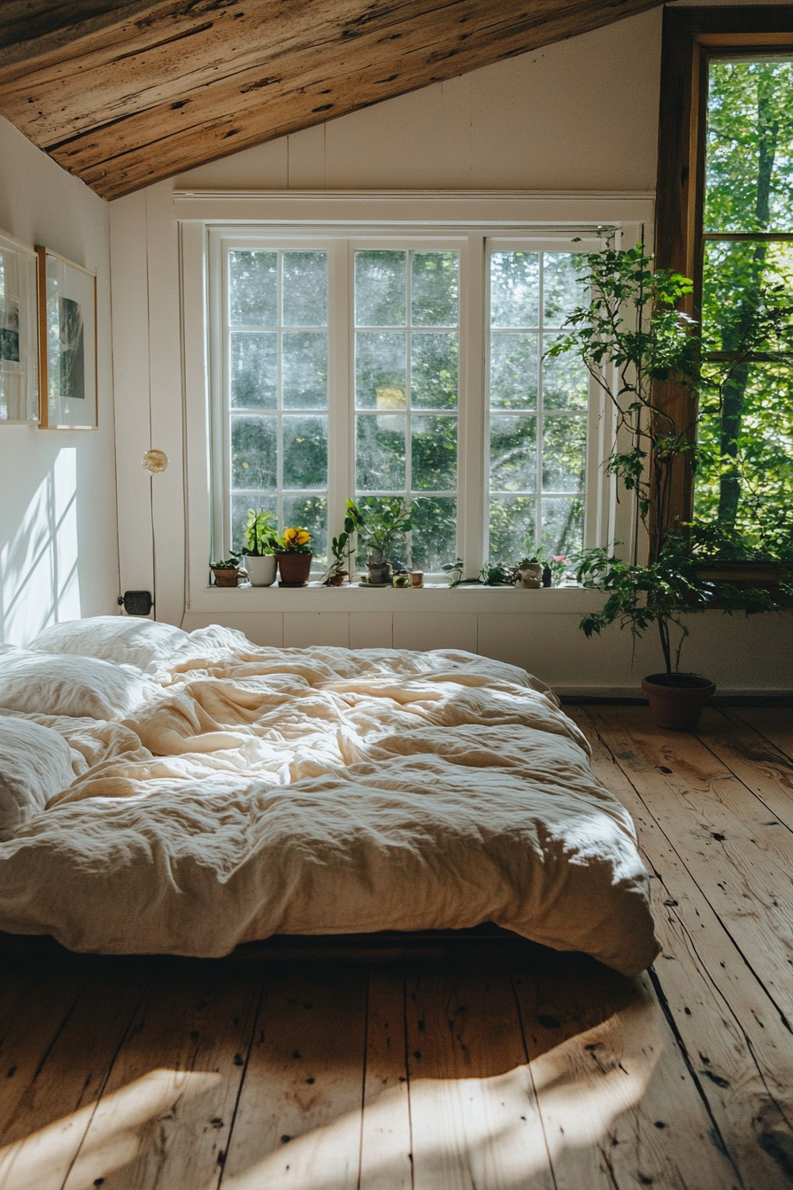 Natural tiny house bedroom. Organic linen bedding. Delicate sunlight. Distressed wood floors. Minimalist design.