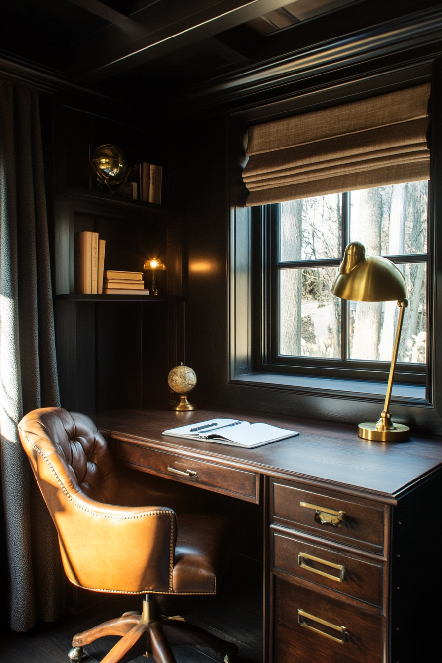 Wide angle view. Upscale mobile workspace. Leather chair, walnut desk, brass lamp.