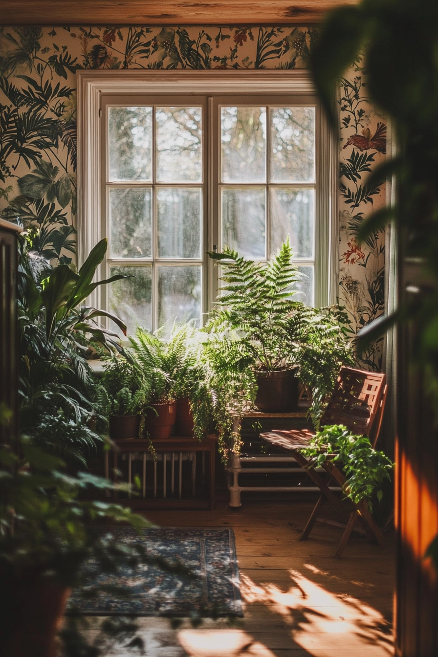 Wide angle tiny house view. Ferns flooding sunlit greenhouse windows against botanical wallpaper.