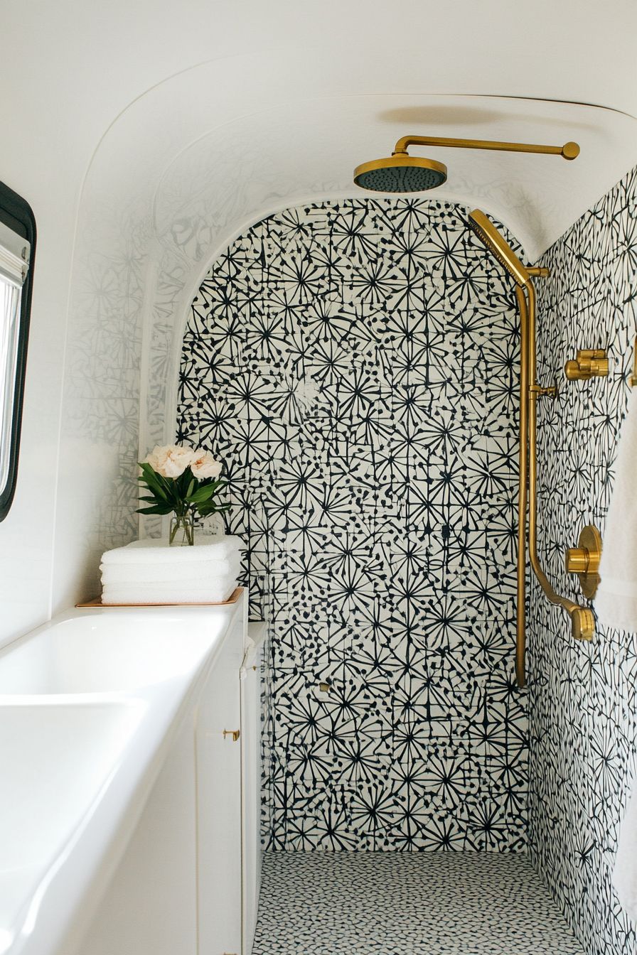 Mid-century inspired camper bathroom. Geometric wallpaper and brass shower fixtures.