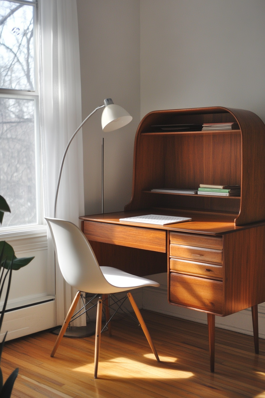 Professional mobile workspace. Teak rolltop desk, arch floor lamp, Eames chair.