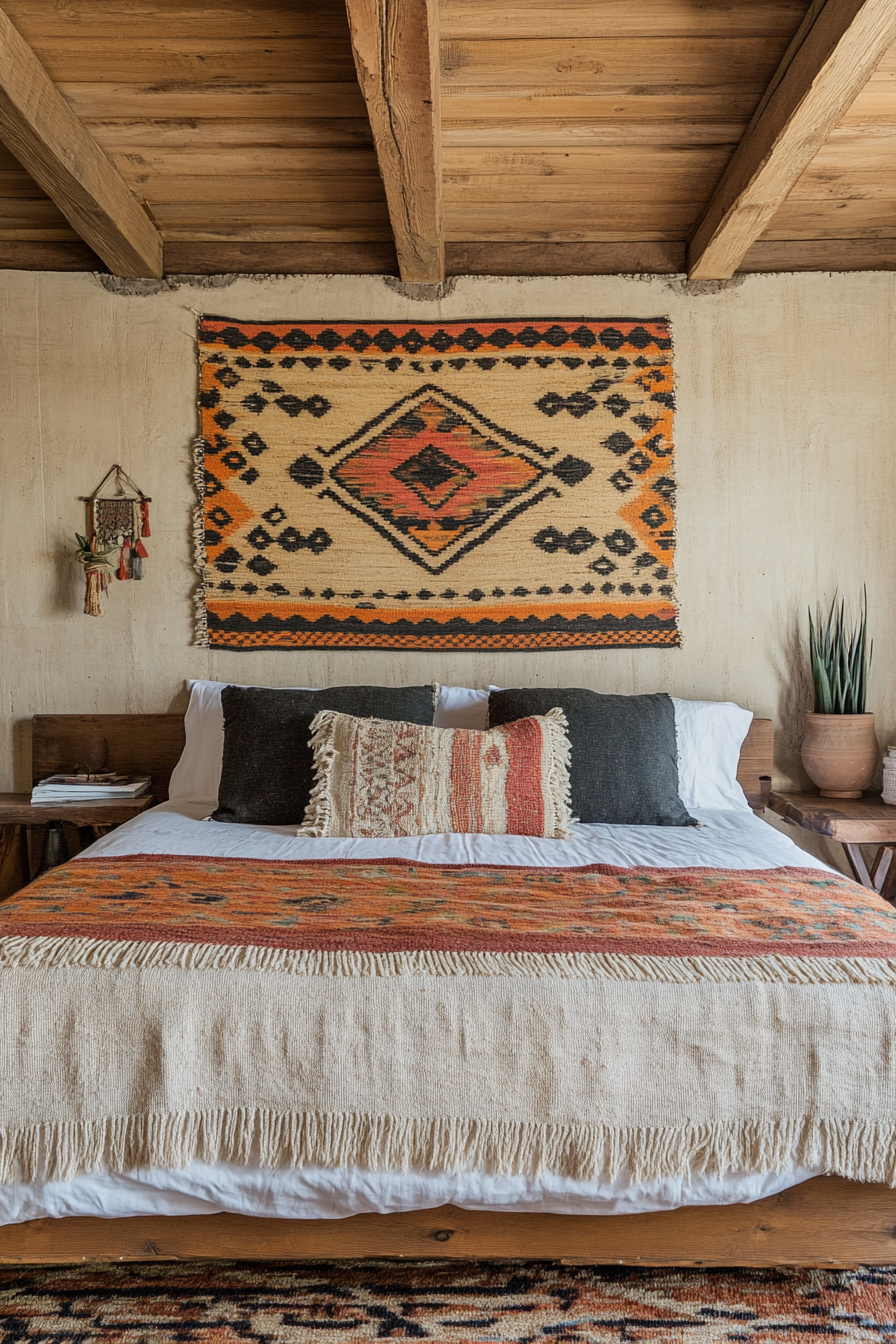 Southwestern tiny house bedroom. Oak king bed under layer-patterned woven wall art.