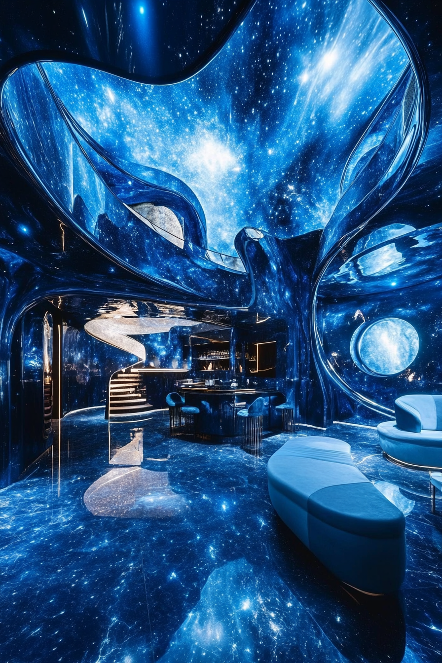 Wide angle view. Space-themed quarters, deep blue nebula-inspired walls, white star projections.