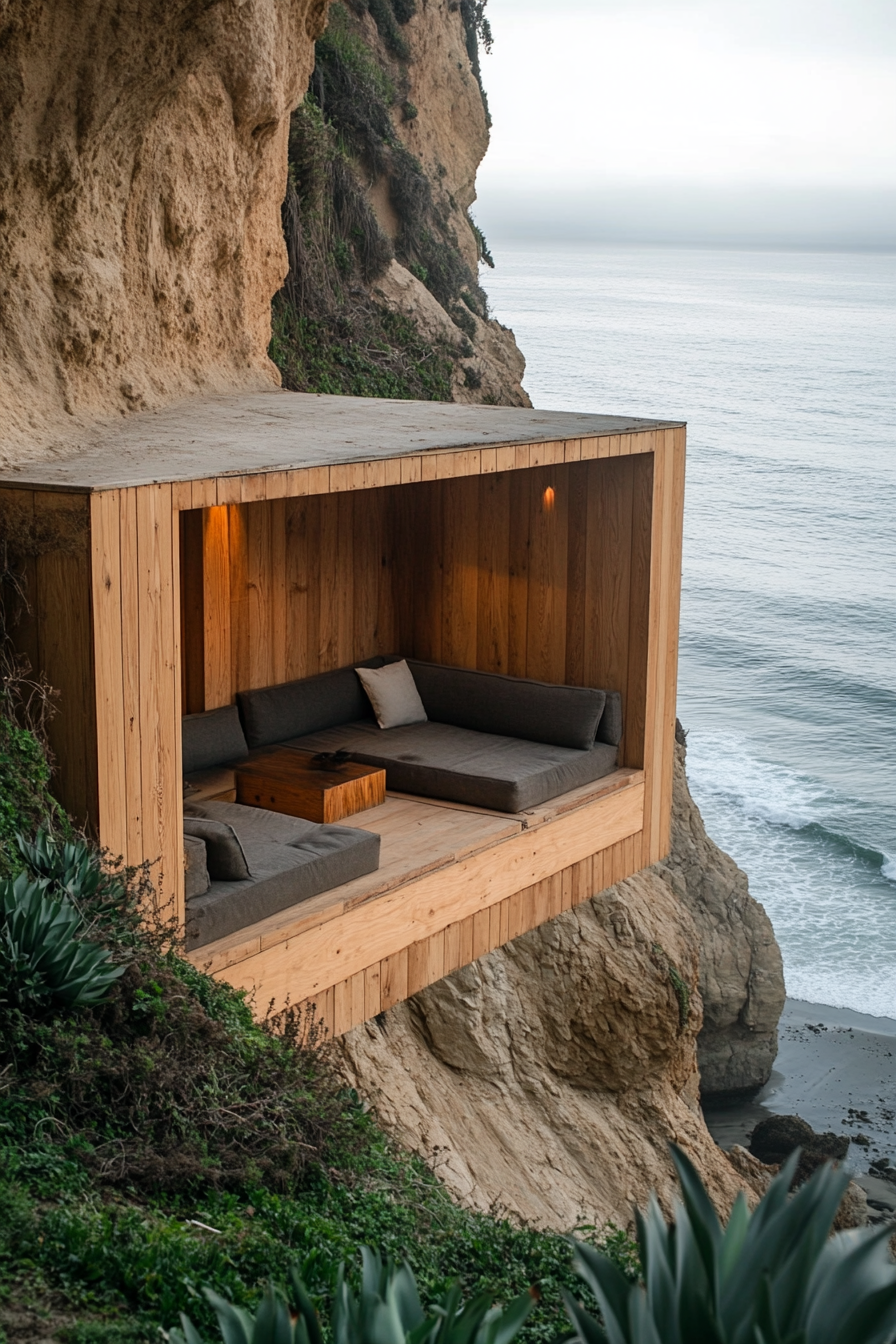 Wide angle view. Tiny home with built-in seating on clifftop, facing ocean.