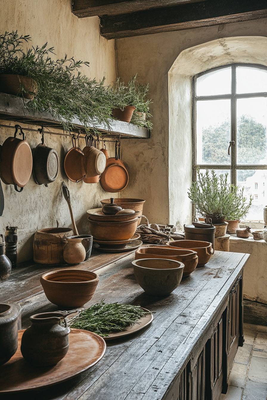 Wide angle view. Provincial cooking space. Drying rosemary, dark wooden countertops, clay pottery.