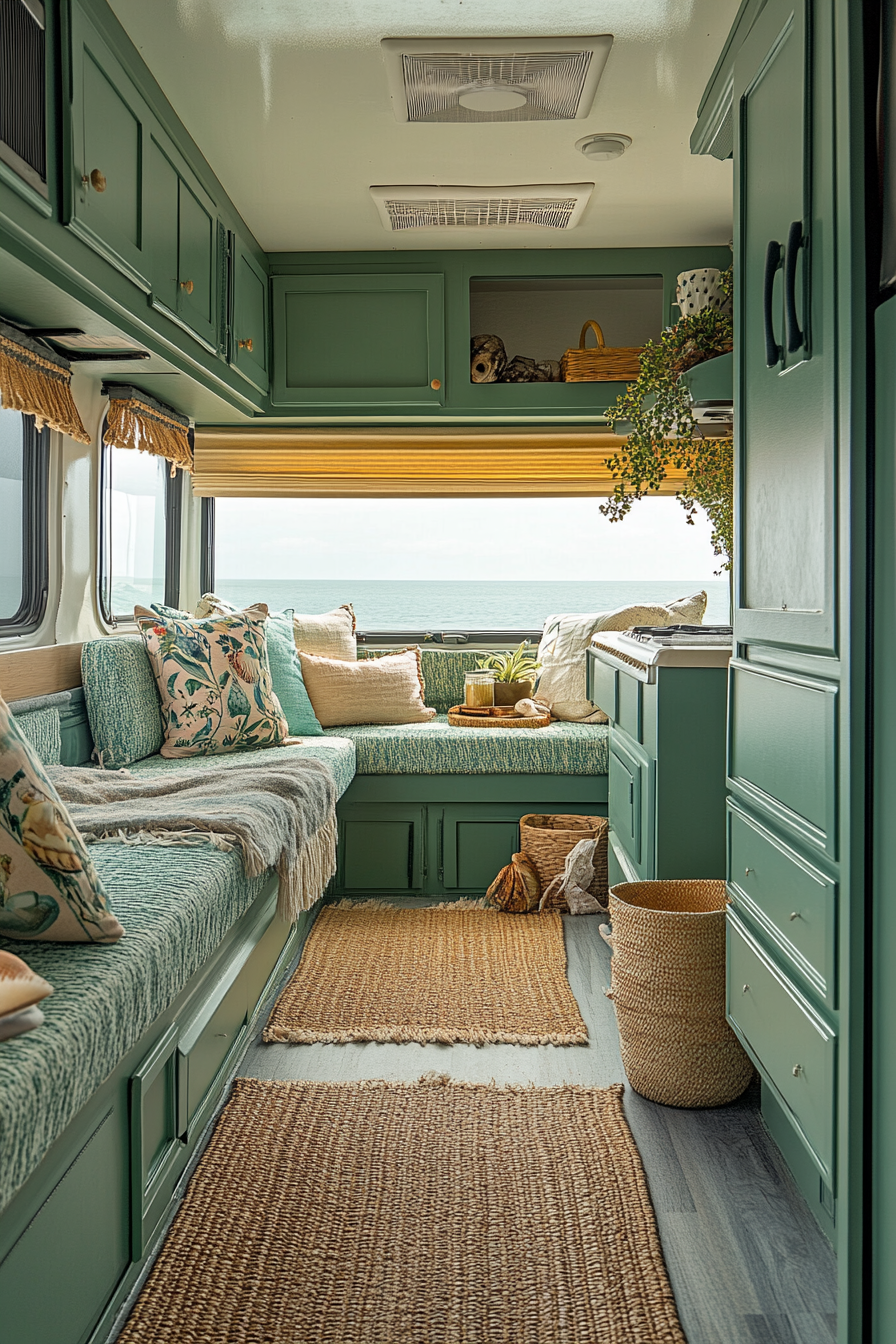 Wide-angle view of an RV. Sea-green hues, natural fiber furnishings, displayed seashells.