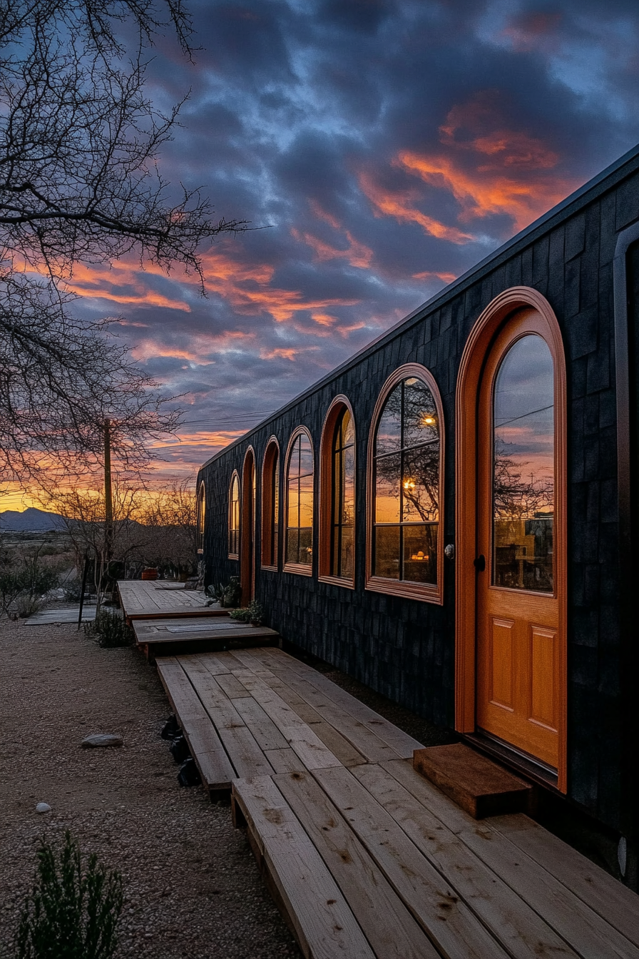 Wide angle view. Dark mobile home with arched doors and terra cotta accents.